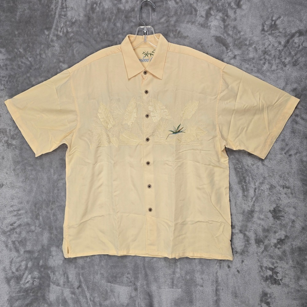 Bamboo Cay Shirt Mens L Yellow Embroidered Bird of Paradise Modal Blend Hawaiian